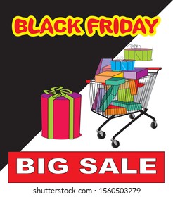 Black Friday is a big sale. Metal shopping trolley in vector. Apply to create your own illustrations. The front wall is pushed back and behind it you can place purchases
