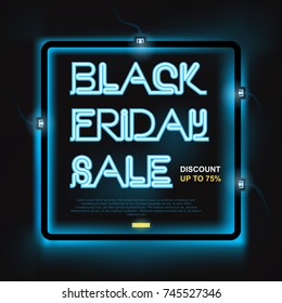 Black Friday, Big Sale, Neon light, signboard with discounts from gas tubes of blue glow, creative template on flat design