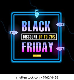 Black Friday, Big Sale, Neon light, signboard with discounts from gas tubes of blue glow, creative template on flat design