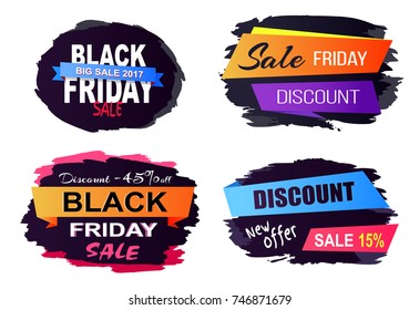 Black Friday big sale, new offer, stickers set with headlines written in creative fonts and frames for them on vector illustration