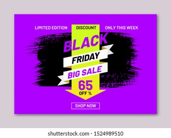 Black Friday Big Sale Poster. Discount 65 Percent Off. Internet Advertising Layout With Shop Now Button. Retail Sticker In Shape Of Paintbrush Stroke. Seasonal Sale Announcement. Promotion Campaign.