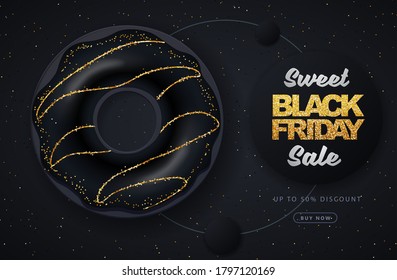 Black friday big sale poster with black sweet donuts on dark background