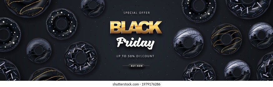 Black friday big sale poster with black sweet donuts on dark background