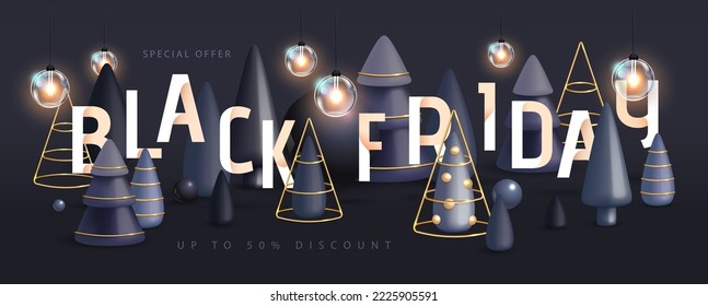 Black friday big sale poster with black plastic christmas trees and electric lamps. Vector illustration