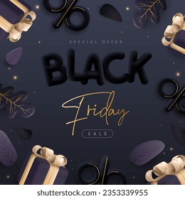 Black friday big sale poster with 3D black plastic letters, autumn leaves and gift box. Vector illustration