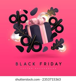 Black friday big sale poster with 3D gift box, autumn leaves and electric lamps on pink background. Vector illustration