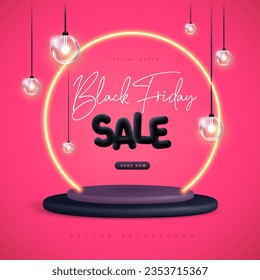 Black friday big sale poster with 3D black plastic podium, neon arch and electric lamps on pink background. Vector illustration
