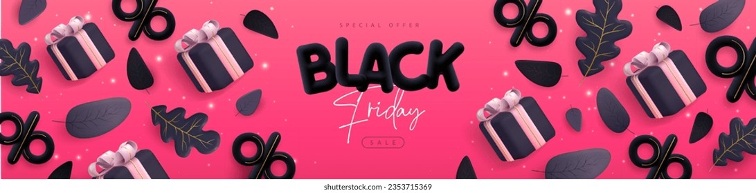 Black friday big sale poster with 3D black plastic letters, autumn leaves and gift box on pink background. Vector illustration