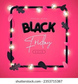 Black friday big sale poster with 3D black plastic letters, autumn leaves and electric lamps on pink background. Vector illustration