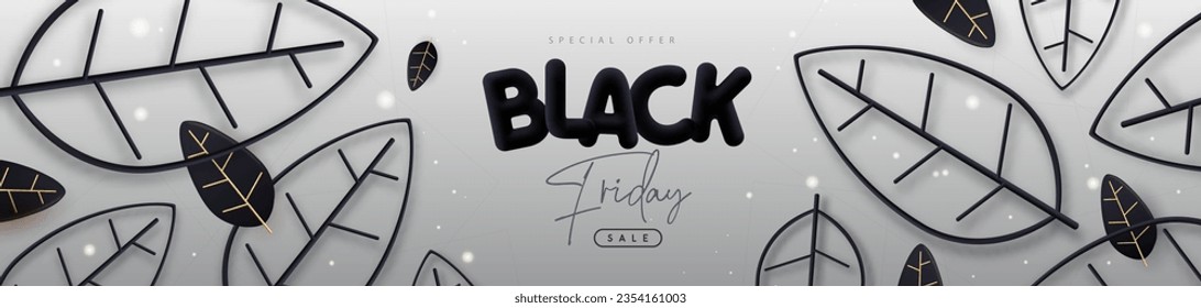 Black friday big sale poster with 3D black plastic letters and leaves on white background. Vector illustration