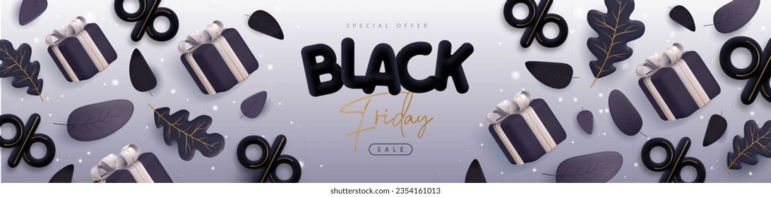 Black friday big sale poster with 3D black plastic letters, autumn leaves and gift box. Vector illustration