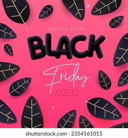 Black friday big sale poster with 3D black plastic letters and leaves on pink background. Vector illustration