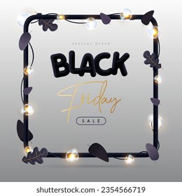Black friday big sale poster with 3D black plastic letters, autumn leaves and electric lamps. Vector illustration