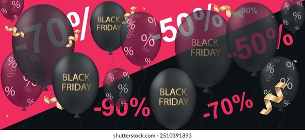 Black Friday big sale poster with 3d black balloons, pink and chen background. Vector illustration