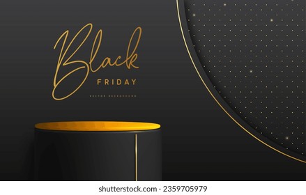 Black friday big sale showcase background with 3d podium and golden texture. Vector illustration