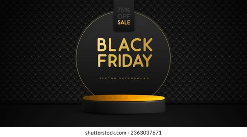 Black friday big sale showcase background with 3d podium and golden texture. Vector illustration
