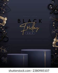 Black friday big sale showcase background with 3d podium, string of lights, autumn leaves and gift box. Vector illustration