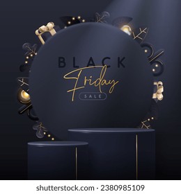 Black friday big sale showcase background with 3d podium, string of lights, autumn leaves and gift box. Vector illustration