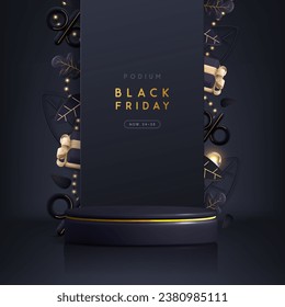 Black friday big sale showcase background with 3d podium, string of lights, autumn leaves and gift box. Vector illustration