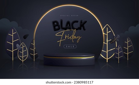 Black friday big sale showcase background with 3d podium, neon frame and autumn leaves. Vector illustration