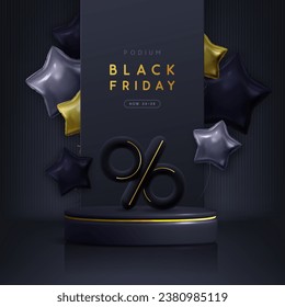 Black friday big sale showcase background with 3d podium and balloons. Vector illustration