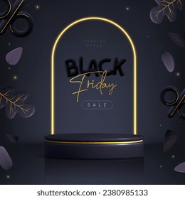 Black friday big sale showcase background with 3d podium, neon frame, autumn leaves and percent sign. Vector illustration