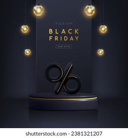 Black friday big sale showcase background with 3d podium and electirc lamps. Vector illustration