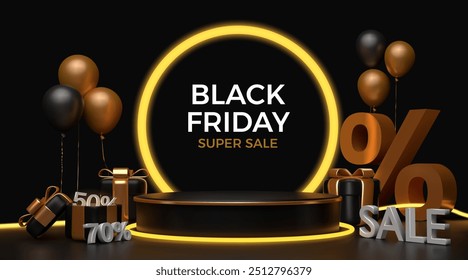 Black friday big sale showcase background with 3d podium, gift box and percent sign. Vector illustration