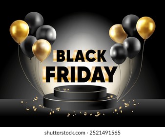 Black friday grande venda mostra fundo com pódio 3D e preto com balões de ouro e confetti.realístico 3d preto pedestal podium fundo.Abstract luxo mínimo cena mockup products.Vetor 
