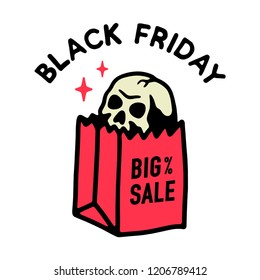 BLACK FRIDAY BIG SALE SKULL IN PAPER BAG WHITE BACKGROUND