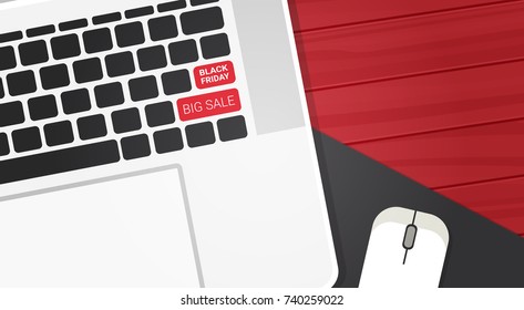 Black Friday Big Sale Text On Laptop Keyboard Buttons Shopping Discounts Poster Design Flat Vector Illustration