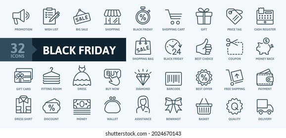 Black Friday Big Sale - Thin Line Web Icon Set. Outline Icons Collection. Simple Vector Illustration.