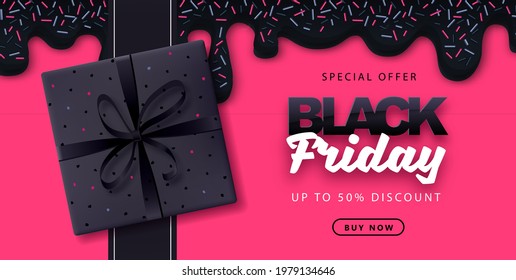 Black friday big sale typography poster with sweet confetti pink background