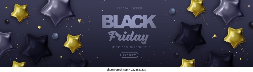 Black friday big sale typography poster with  black and gold star shaped balloons. Vector illustration