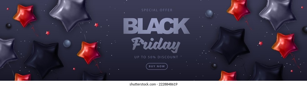 Black friday big sale typography poster with  black and red star shaped balloons. Vector illustration