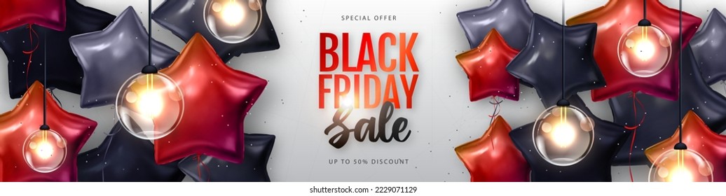 Black friday big sale typography poster with  black and red star shaped balloons. Vector illustration