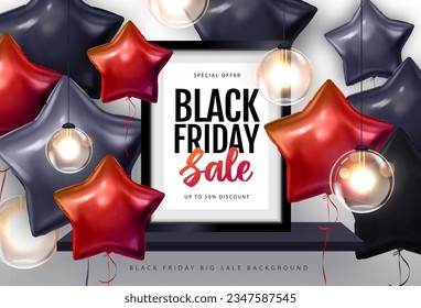 Black friday big sale typography poster with  black and red star shaped balloons. Vector illustration