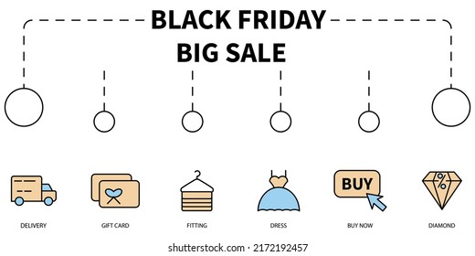 Concepto de Ilustración del Vector de Gran Venta del Viernes Negro. Cartel con iconos y palabras clave . Símbolo de Black Friday Big Sale elementos vectoriales para web infográfica