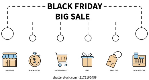 Black Friday Big Sale Vector Illustration concept. Banner with icons and keywords . Black Friday Big Sale symbol vector elements for infographic web