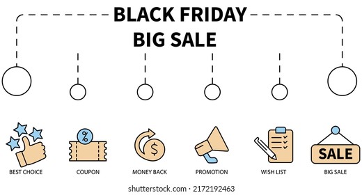 Black Friday Big Sale Vektorgrafik Konzept. Banner mit Symbolen und Schlagwörtern. Black Friday Big Sale Symbol-Vektorelemente für Infografik-Web