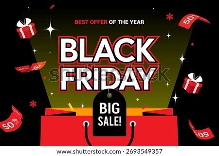 Black Friday Big Sale vector illustration. Open Hot deals bag