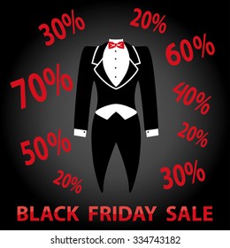 Black friday Big Sale.Black male Tailcoat with  falling red numbers.Typographic background design.Fashion wear,vector Illustration.Christmas,winter shopping