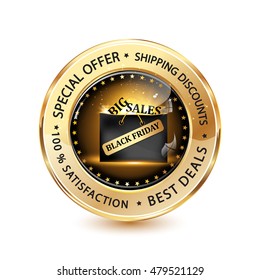 Black Friday big sales, special offer, shipping discounts, best deals, satisfaction guaranteed - elegant luxurious icon / label for retail business Advertisement