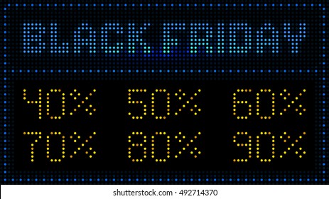 Black Friday blue glowing text on a black background and the golden numbers of percentage discounts. The letters are created by dots like an electric LED ticker. Useful for November hot sales.