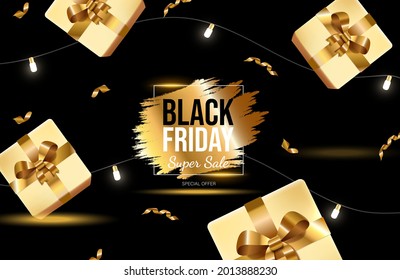 Black Friday bright banner design with golden gift boxes and lights. Super sale vector neon advertisement banner with text. Luminous special offer promotion poster template for seasonal sale.