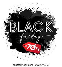 Black Friday, brush and ink grunge banner. Special offer discount up to 70 off, red label for hot sale design. Autumn promotion, vector illustration