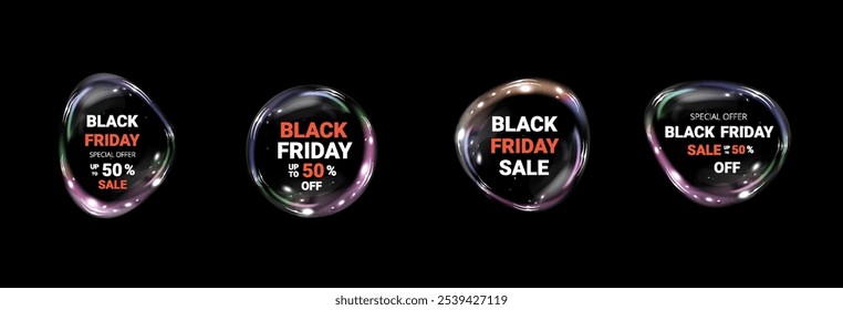 Black Friday Bubble Banner. Black Friday Super Sale. Realistische Blase leuchtenden runden Rahmen. Rabattbanner für die Feiertage.	
