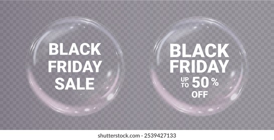 Anuncio de la burbuja del Viernes Negro. Super Venta del Black Friday. Marco redondo luminoso de la burbuja realista. Anuncio de descuento para las vacaciones.	
