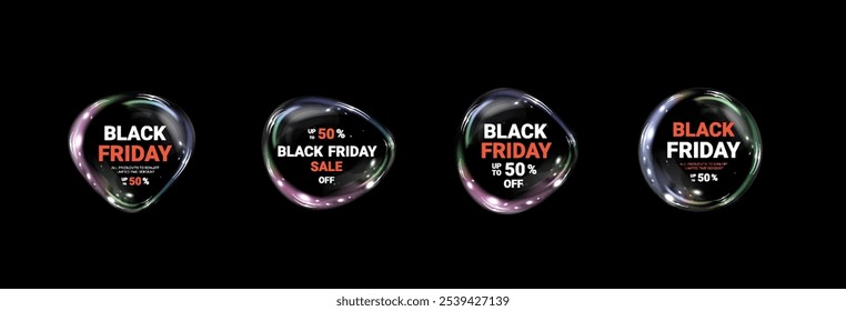 Bandeira Black Friday Bubble. Black Friday Super Venda. Moldura redonda luminosa bolha realista. Faixa de desconto para os feriados.	
