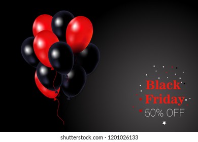 black Friday, bunch of shiny red and black balloons, vector illustration,banner